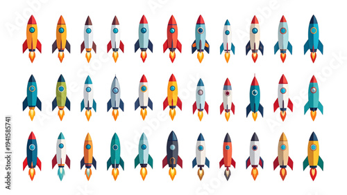 A set of rocket ship icons in various styles and colors. Simple vector illustrations for space, launch, and technology concepts. Flat style for web, apps, and presentations on a white background