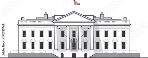 White House building icon illustration, flat style national landmark symbol representing United States government architecture and presidential residence design.