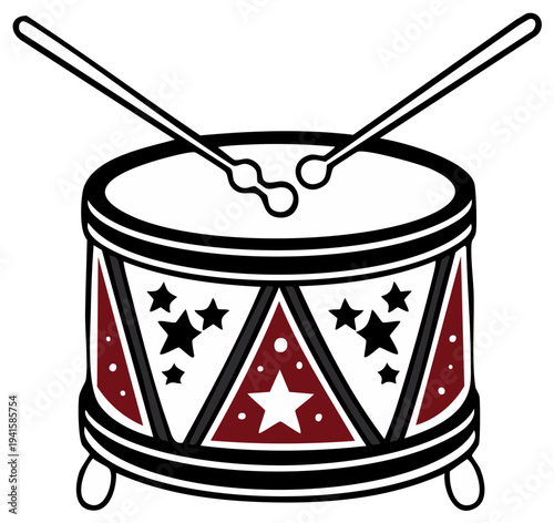 Festive Drum Illustration with Drumsticks and Star Accents for Celebration and Music Themes