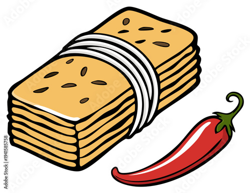 Stack of Crunchy Crackers Tied with White Bands Next to a Bright Red Chili Pepper