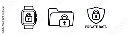 Privacy and data protection icons: smartwatch lock, locked folder, and shield labeled private data for app and security interfaces, flat vector icon