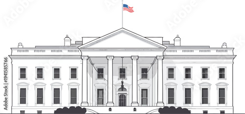 White House building icon illustration, minimalist flat vector of famous US national landmark symbolizing American government politics and historic architecture.