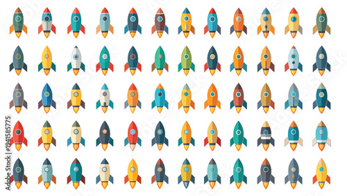 A set of rocket ship icons in various styles and colors. Simple vector illustrations for space, launch, and technology concepts. Flat style for web, apps, and presentations on a white background