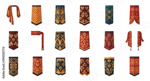 Collection of intricately patterned textile garments and accessories.