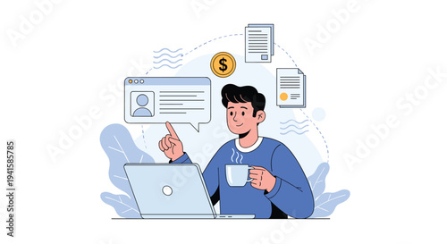 Young professional man works on his resume and online profile while enjoying coffee at a laptop with financial icons in the air.