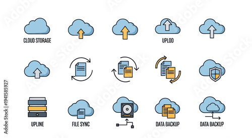 Colorful line art icon set for cloud storage data backup and file synchronization concepts.