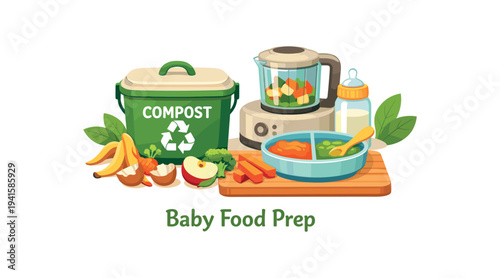 Bright vector illustration of baby food prep: compost container, food processor with steamed vegetables, baby bottle, bowl on a cutting board, spoon and fruit scraps 