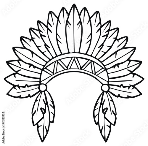 Black and white Native American war bonnet graphic illustration