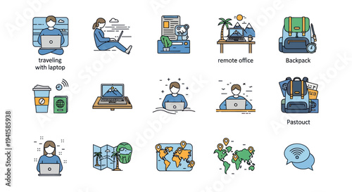 Illustrated Icons Depicting Remote Work and Travel Scenarios.