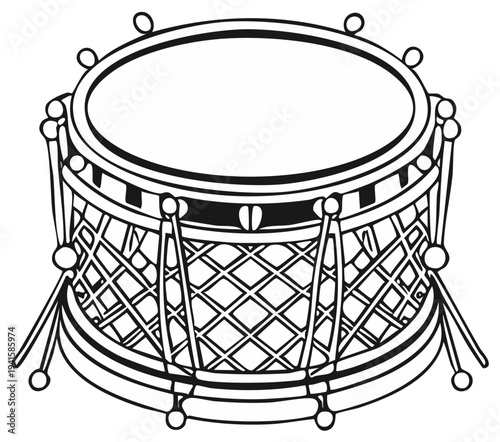 Ornate drum in black and white line art graphic. Antique percussion instrument with detailed crosshatch design illustration.