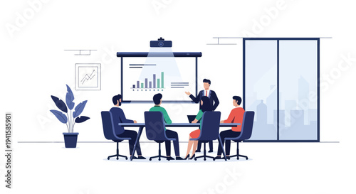 Business Team Presentation in Conference Room with Data Chart.