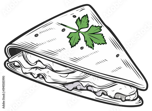 Triangular stuffed flatbread with fresh greens and parsley garnish illustration