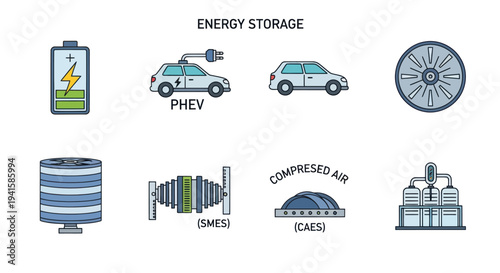 Illustrated Energy Storage Icons Representing Various Technologies and Concepts.