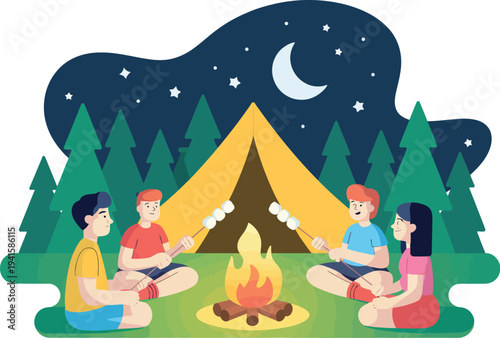 Campfire friends illustration, group of friends roasting marshmallows beside tent at night capturing outdoor camping fun friendship and wilderness adventure.