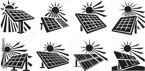 Solar panels with sun illustrations in black and white