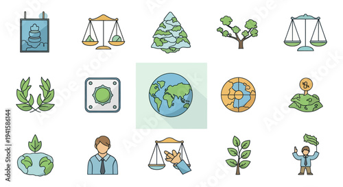 Collection of Environmental and Justice Icons Representing Earth Scales and Growth.