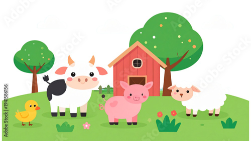 Cute cartoon farm animals collection featuring round cow pig sheep and duckling characters with sweet expressions and minimalist vector style