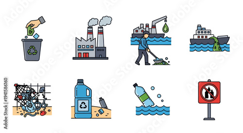 Colorful Icons Depicting Various Sources of Environmental Pollution and Damage.