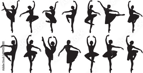 Silhouettes of multiple ballet dancers in various poses ensemble