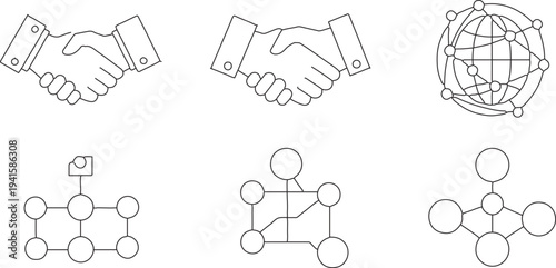 Set of 6 business and connection line icons vector, including handshake, global network, and data structure for modern web and app design isolated PNG with Transparent Background