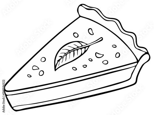 Slice of pie with leaf decoration simple line drawing for baking and food themes