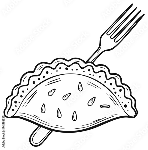 Drawn empanada with fork illustration black and white