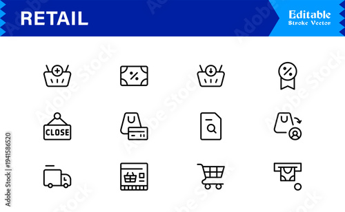 Retail industry line icon set with professional modern minimalist design, unique vector outline icons collection for business, commerce, shopping, and sales, premium quality pack