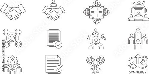 Set of 12 Business Collaboration and Teamwork Line Icons Vector for Partnership, Agreement, Meeting, and Synergy Concepts isolated PNG with Transparent Background