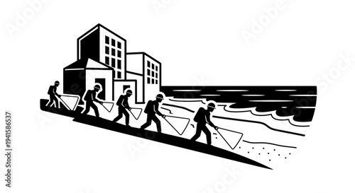 Group of people with nets walking towards the sea near buildings