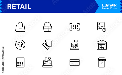 Retail industry line icon set with professional modern minimalist design, unique vector outline icons collection for business, commerce, shopping, and sales, premium quality pack