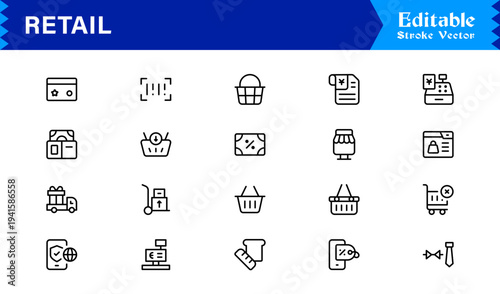 Retail industry line icon set with professional modern minimalist design, unique vector outline icons collection for business, commerce, shopping, and sales, premium quality pack