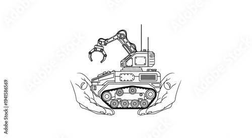 Hands Holding Miniature Robotic Excavator, Symbolizing Care and Technology