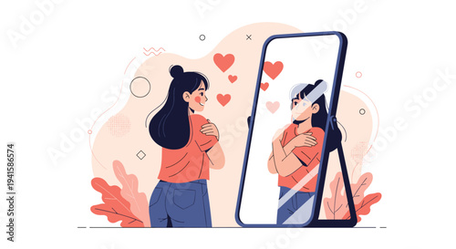 Empowered woman smiles at her reflection in a mirror while hugging herself to symbolize self-love and body positivity.