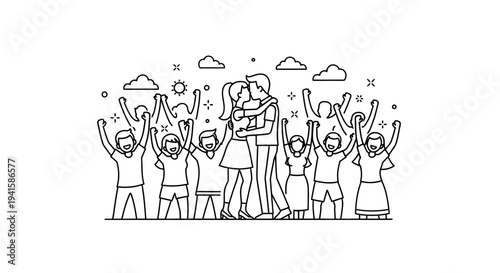 Happy Couple Kissing Surrounded by Cheering Crowd, Celebration, Love, Unity, Joyful Event