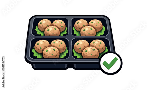 Cartoon-style plastic tray holding four compartments of round brown bites on lettuce leaves, paired with a green check mark to suggest approved or ready-to-eat meal.