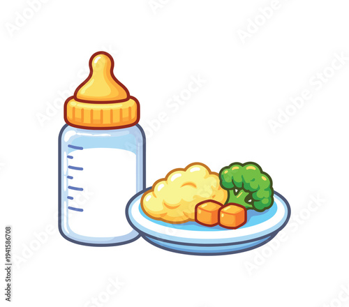 Cute colorful illustration of a baby milk bottle beside a plate of pureed food with broccoli florets and carrot cubes, perfect for baby food guides, menus, and parenting materials.