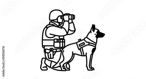 Kneeling Soldier with Binoculars and Police Dog on Duty