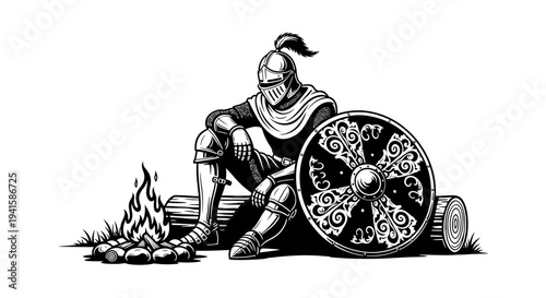Knight resting by campfire with shield and armor, medieval warrior, historical illustration