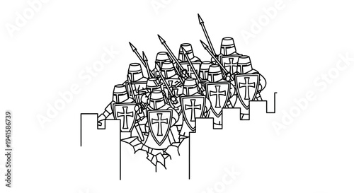 Knights Templar Soldiers Marching with Swords and Shields on Castle Wall