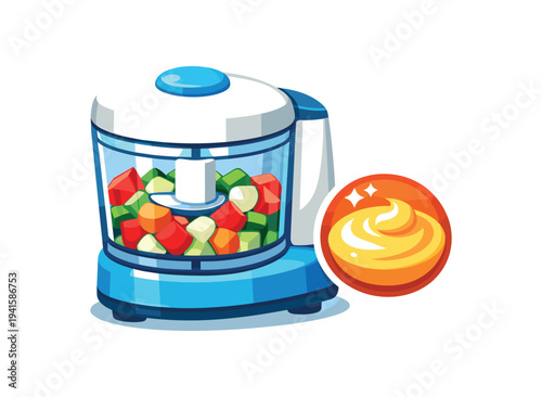 Colorful flat illustration of a blue countertop food chopper filled with chopped vegetables and a glossy orange sauce dollop beside it for meal prep and recipes.