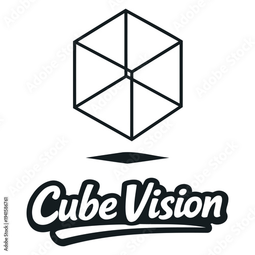 Modern minimalist logo design featuring a geometric hexagon cube and stylized typography text isolated in monochrome style