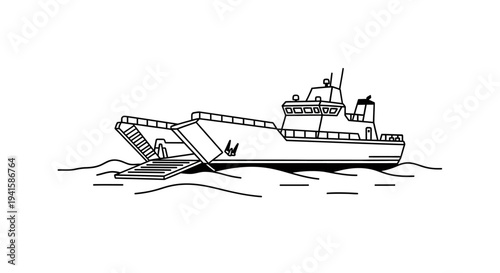 Landing Craft Ship with Open Ramp on Water, Military Transport Vessel