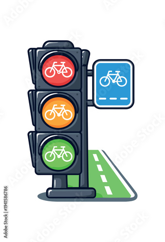 Cartoon traffic light showing red, amber, and green circular bike symbols next to a blue bicycle lane sign and a short green bike lane section, on white background.