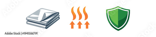 Three colorful icons showing a folded towel or cloth, three orange upward heat arrows indicating warmth or breathability, and a green shield representing protection, arranged on white background.