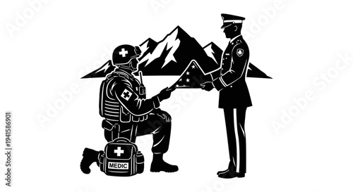 Military Medic Kneels Presenting Folded Flag to Officer with Mountains Background