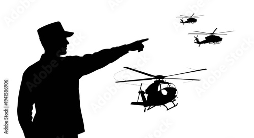 Military Officer Directing Helicopter Squadron in Sky