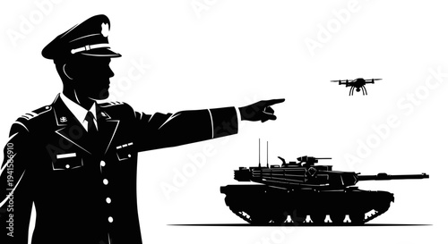 Military officer directing drone and tank, symbolizing modern warfare and technology integration