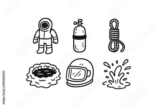 Monochrome water and diving icons showing a heavy diving suit, scuba tank, coiled rope, water hole, helmet and water splash for safety or marine illustrations.