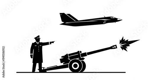 Military officer directs artillery fire as jet flies overhead