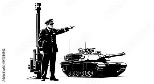 Military Officer Directs Tank and Artillery Gun in Black and White